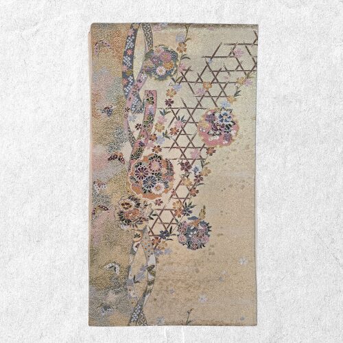 銀地 貝桶雪輪文様 袋帯