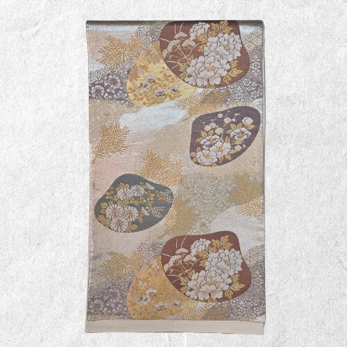 白金地 貝に花文様 袋帯