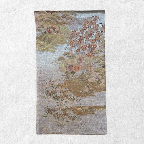 銀地 吉祥花風景文様 袋帯